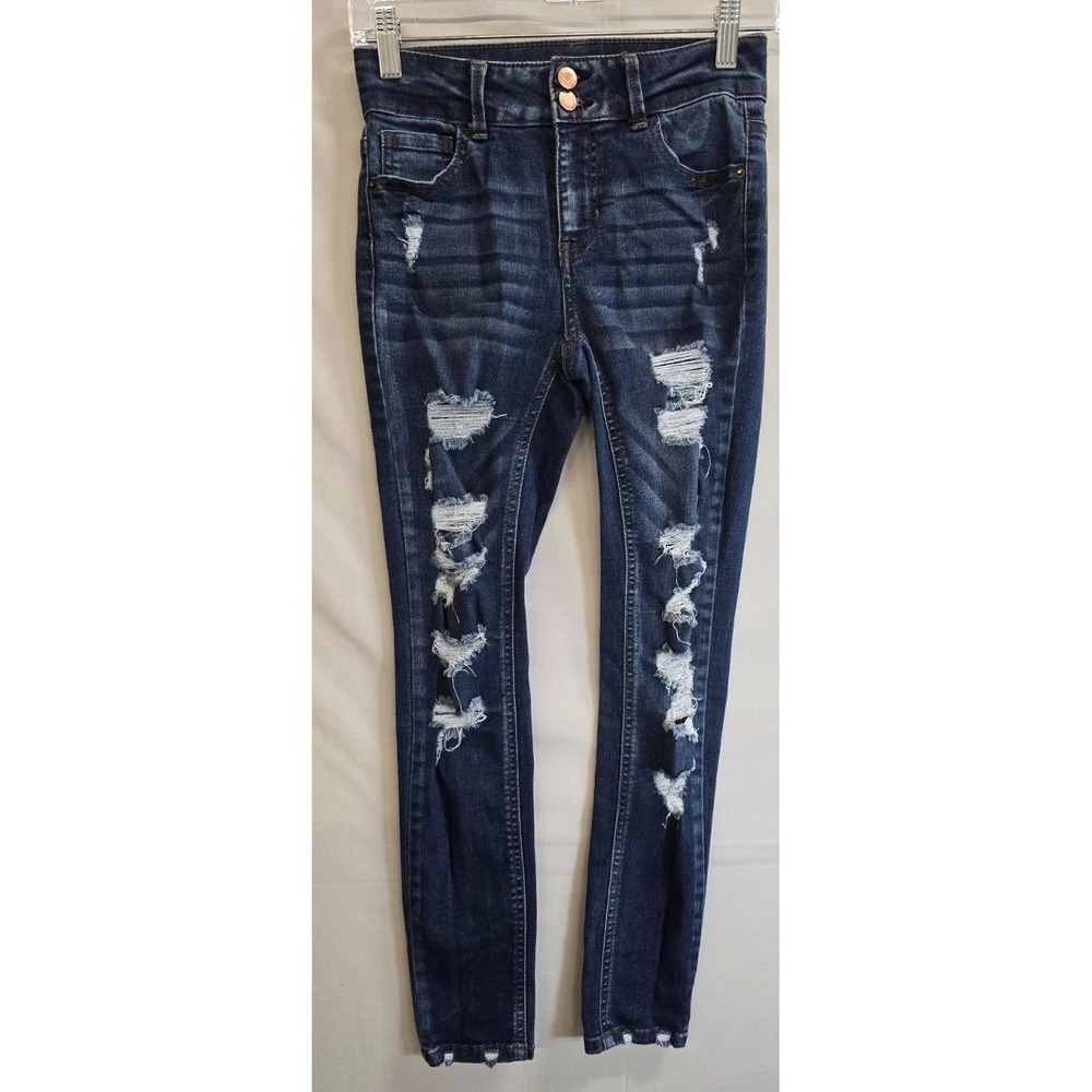 Vanilla Star Jeans Womens 0 Blue Denim Cotton Stretch Mid Rise Skinny Distressed